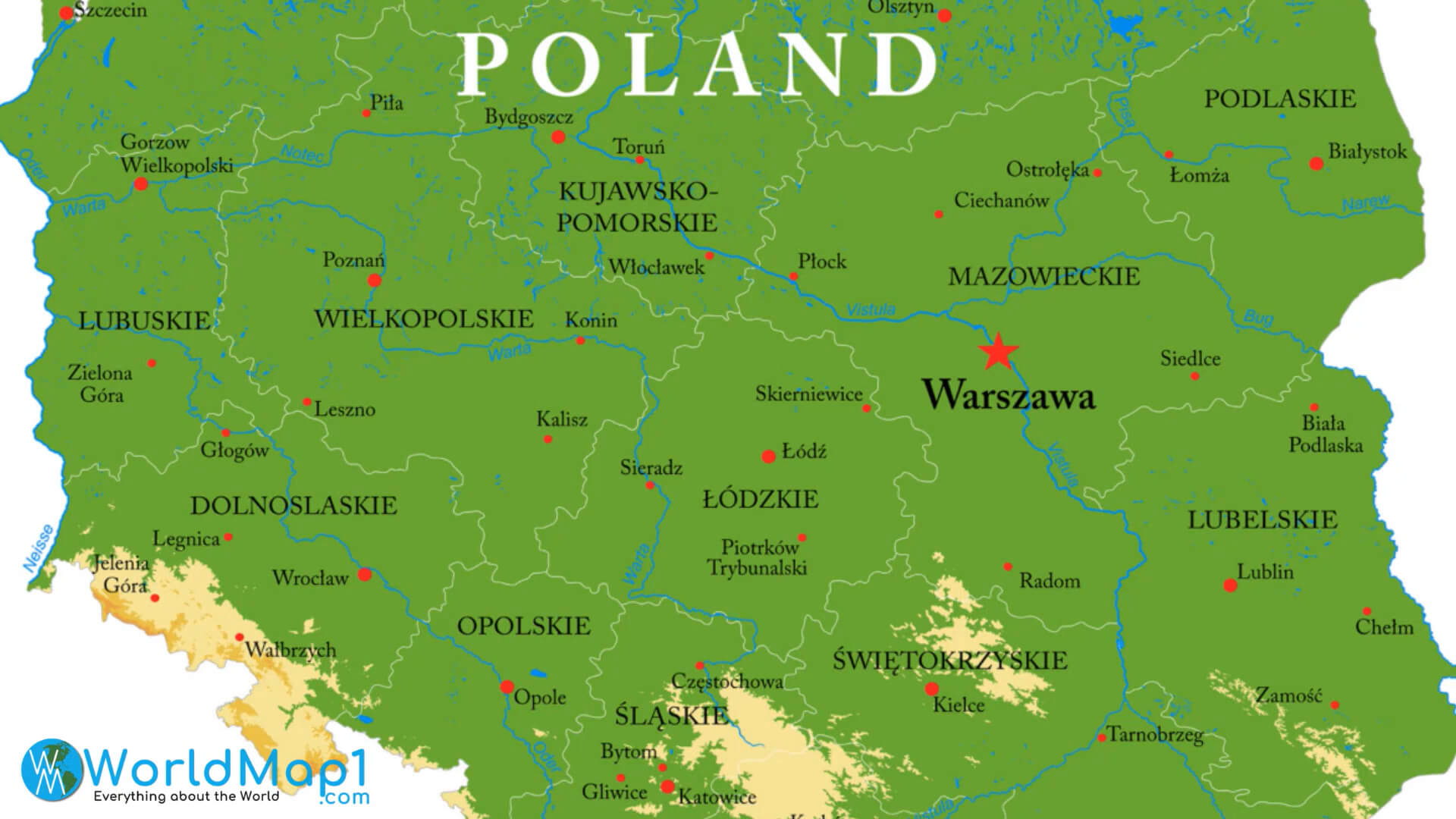 Carte des principales villes de Pologne avec rivières